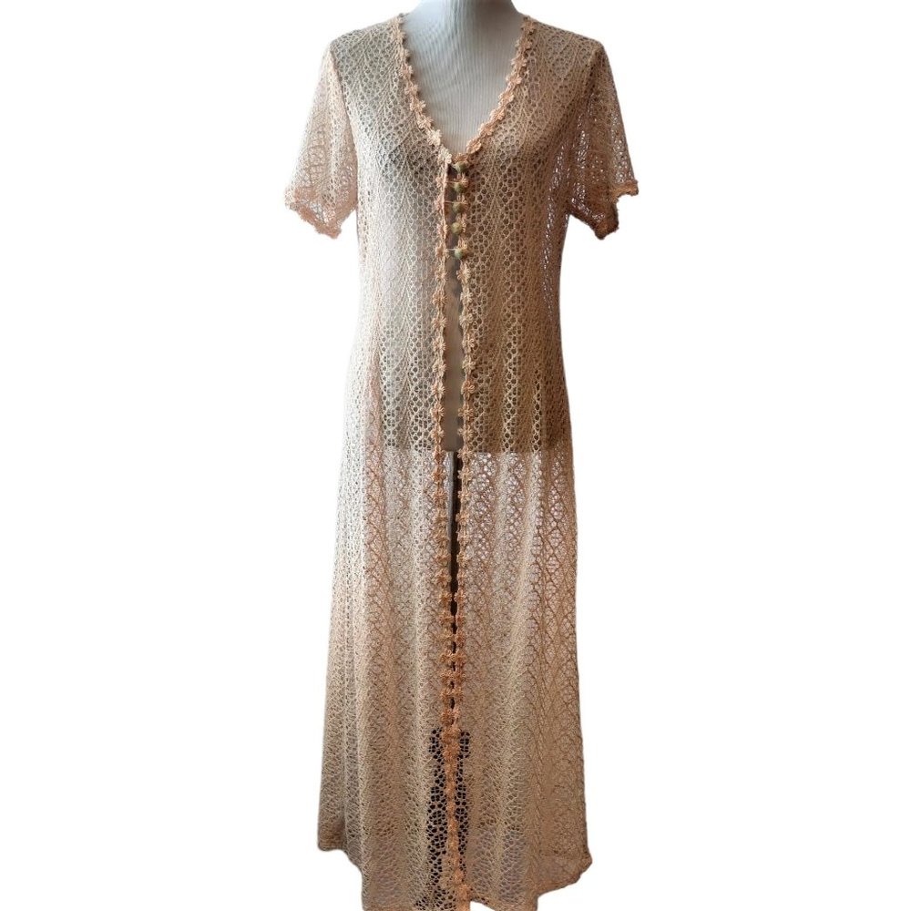 Vintage Womens Elle Paris Beige Crochet Floral Grannycore Duster Cardigan S/M?